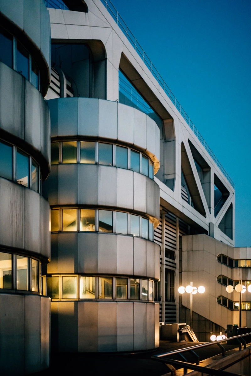 Aluminum-clad stair towers of the ICC